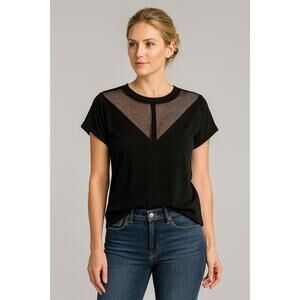 SHEIN Black V-Neck Mesh Style Short Sleeve Top Button Back Shirt Size Small